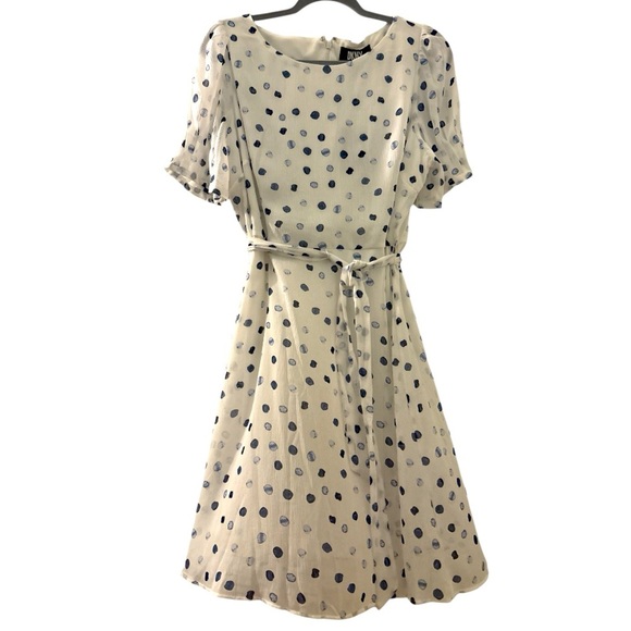 DKNY spring summer dress, white with blue dots, belted , full skirt, lined. SZ12 - Picture 2 of 12